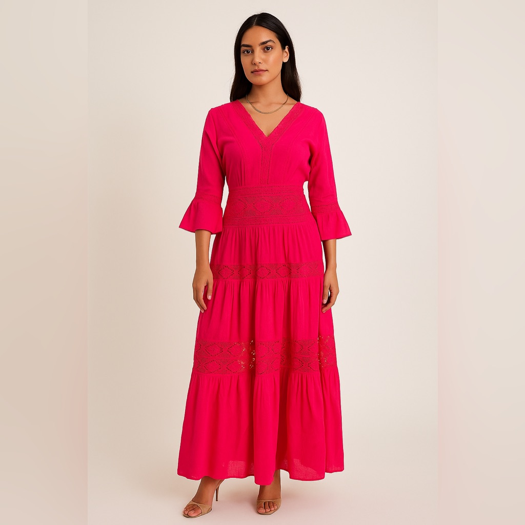 Vintage 80s Nieman Marcus Hot Pink Mexican Wedding Maxi Dress Boho Xl Lace Bell